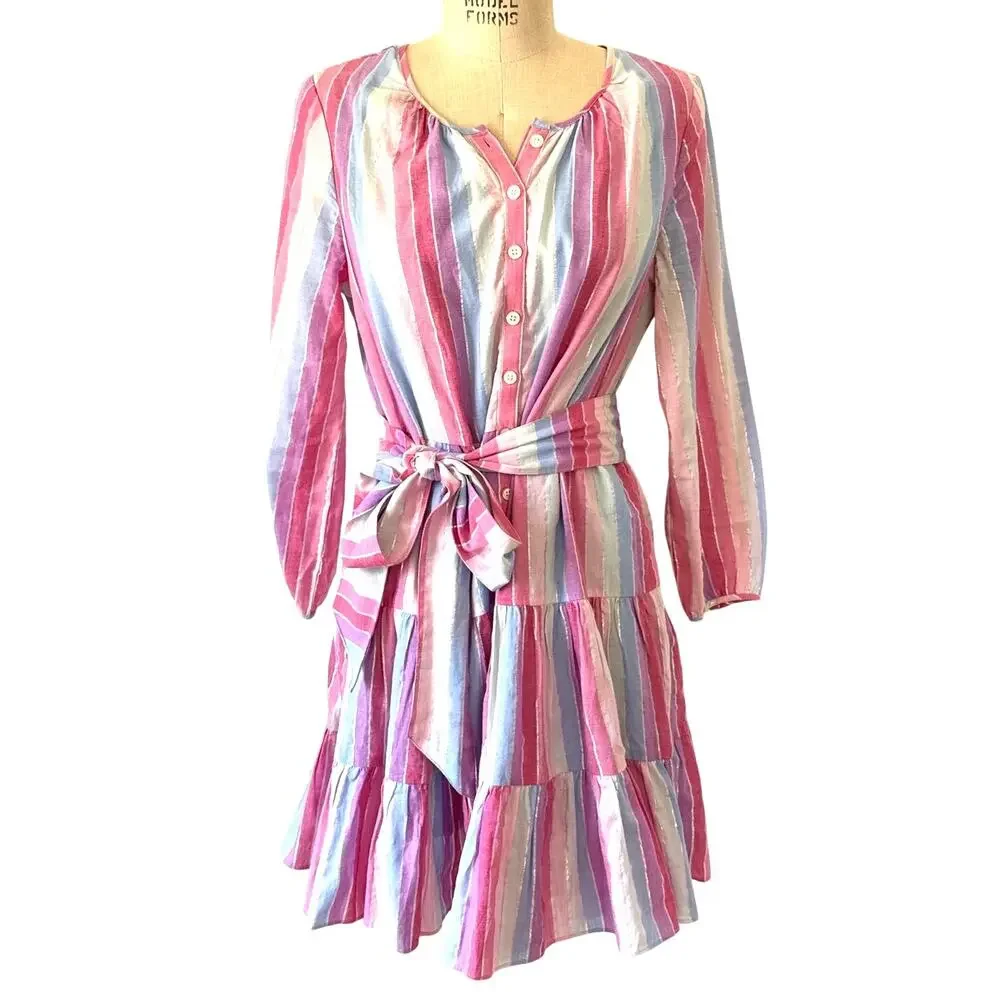 J. Crew Pastel Pink Metallic Thread Cotton Belted Button-Up Dress Size Medium